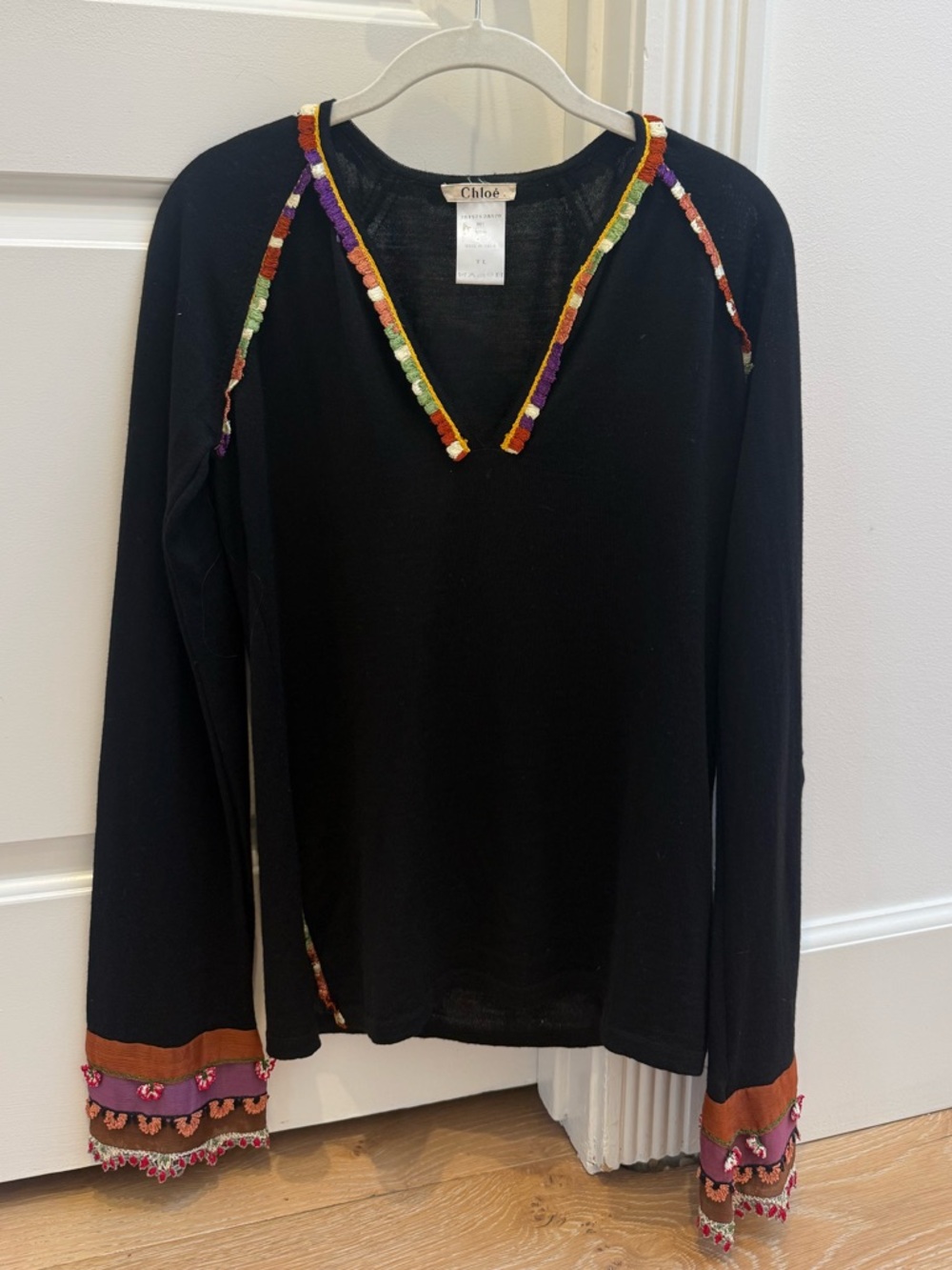 Vintage Chloé Black Silk Embroidered Blouse Boho Top Multicolor Trim